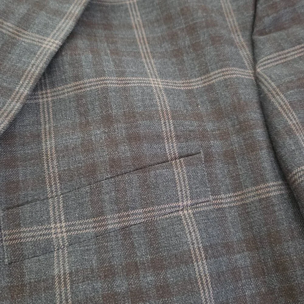 VTG Tweed Jacket XL Brown Beige Windowpane Check 100% Wool Blazer Sport Coat 50R